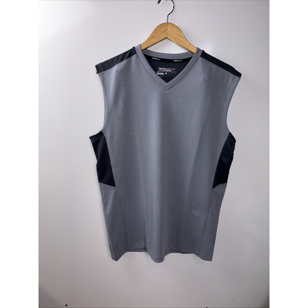 Nike Golf Shirt Mens M Gray Black Tour Performance Dri-Fit Sleeveless V Neck